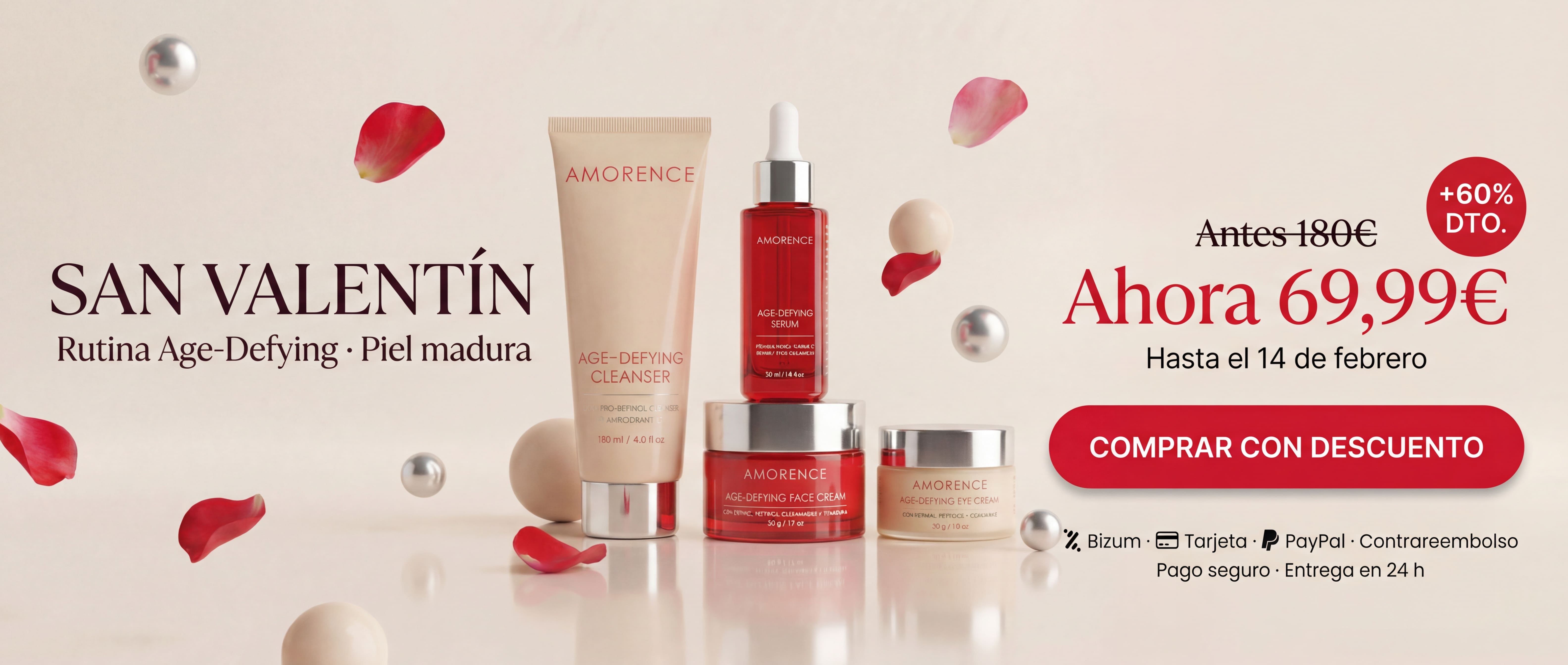 Mujer española de unos 60 años sonriendo sobre fondo beige, junto a la rutina completa Amorence Age-Defying (limpiador, sérum, crema facial y contorno de ojos) y mensaje de oferta: “Tu piel, visiblemente más joven en 28 días. Ahora: 99,95 € · Pago seguro · Entrega en 24 h · Contrareembolso disponible”.